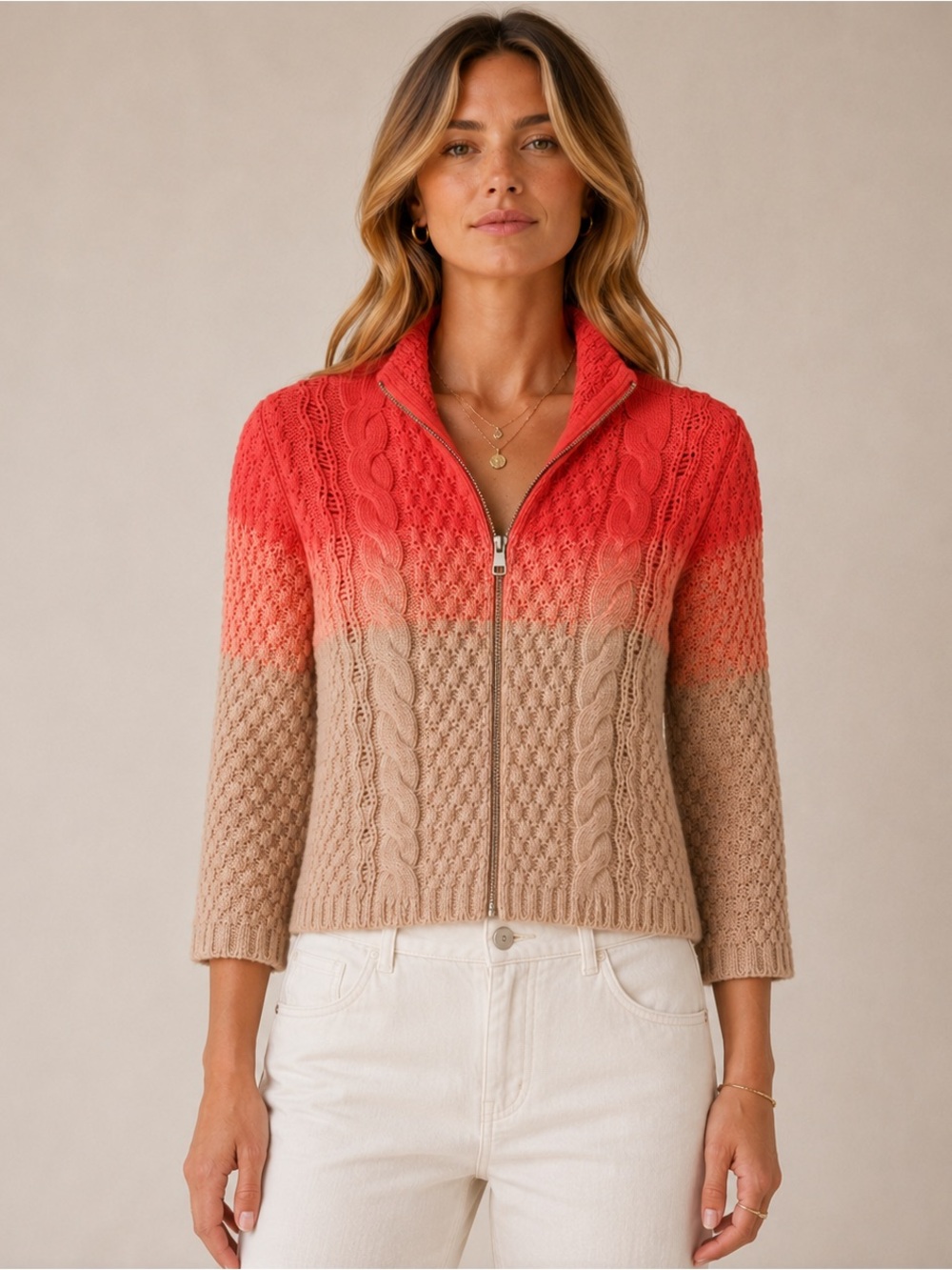 Rachel Roy Angora Blend Cable Knit Zip Cardigan Sweater L Ombre